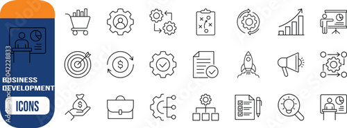 Strategic business development and growth icons. gear icon set, chart icon set, target icon set