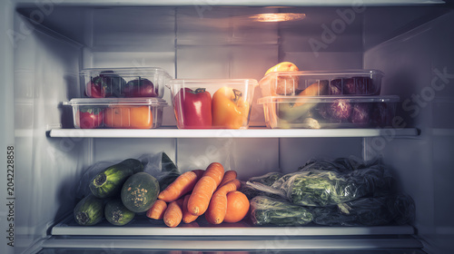 A well-organized fridge filled with fresh vegetables and fruits, showcasing vibrant colors and healthy options for meals.