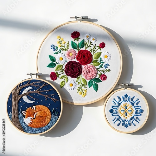 Three embroidered hoops with floral, fox, and geometric designs