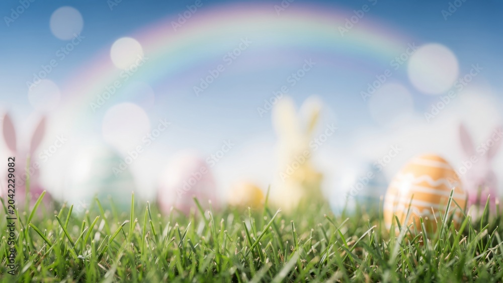 Fototapeta premium Easter Eggs and Bunnies Under Rainbow