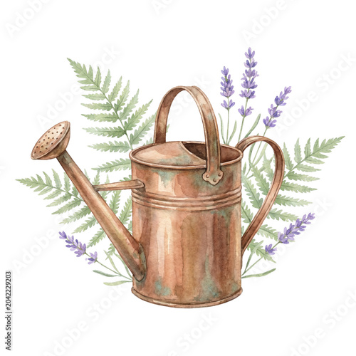 Traditional Watercolor Vintage Watering Can with Lavender Isolated on White
