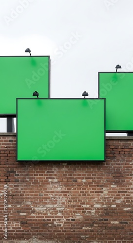 Three empty green screens mounted on a brick wall, awaiting digital content