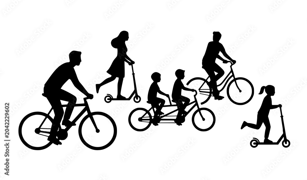 Fototapeta premium Active Outdoor Mobility Silhouette Icon Set Featuring People Riding Bicycles and Electric Kick Scooters for Eco Friendly Urban Transportation Graphics