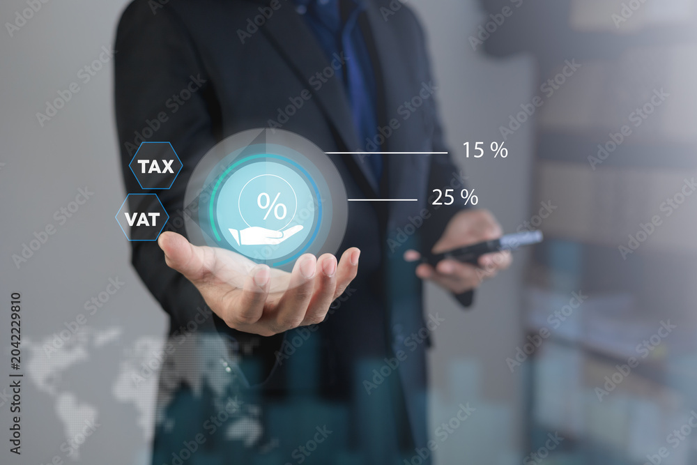Obraz premium gst vat tax taxation taxes finance added, accounting, account, account ant, business.Business professional presenting a digital GST, VAT and tax interface with compliance and finance concepts.