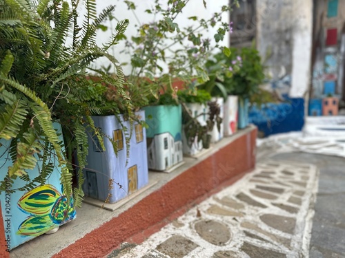 Colorful flowerpots line a narrow street in a village with plants and painted designs under a bright sky