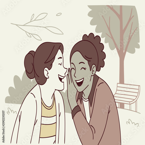 Two women whispering secrets in a park with whispering laughing communication lifestyle friendship chatting connection confiding