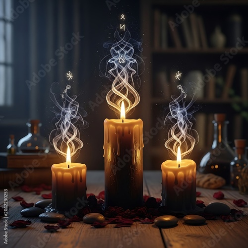 Three flickering candles with ethereal smoke plumes rise from a wooden surface