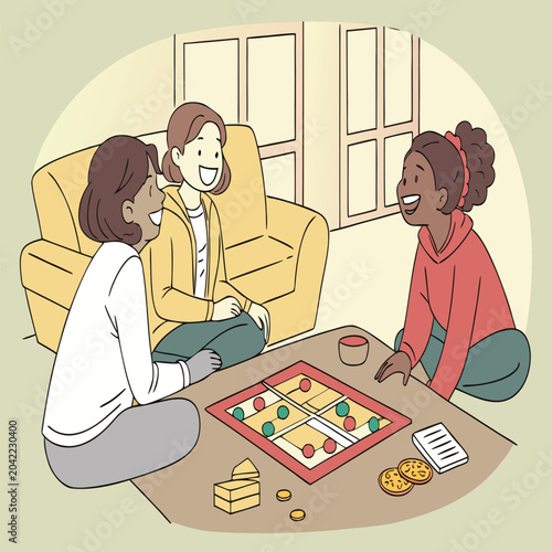 Three happy women friends playing a board game together in a cozy living room with gathering activity socializing friendship lifestyle