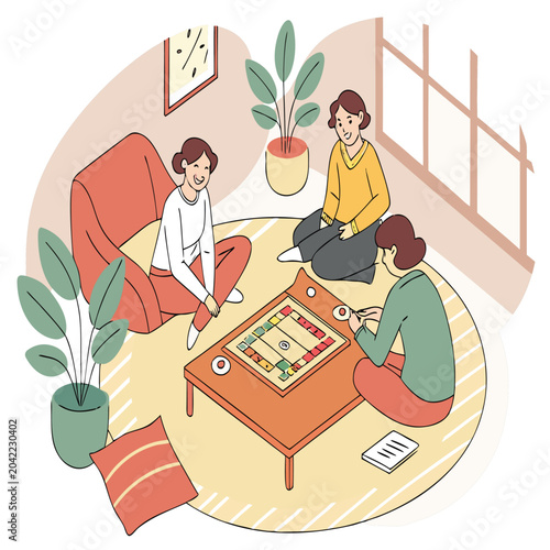 Three friends sitting on the floor playing a board game at home together with living room activity gathering socializing friendship