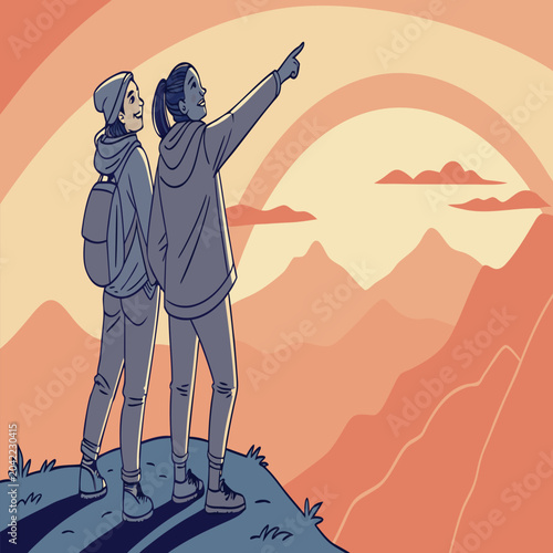 Friends exploring outdoors on mountain top at sunset graphic with mountain backpackers outdoors adventure landscape pointing climbing