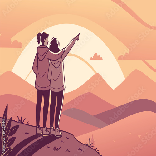 Two friends hiking together on mountain peak at sunset illustration with mountain adventure pointing exploration landscape friendship