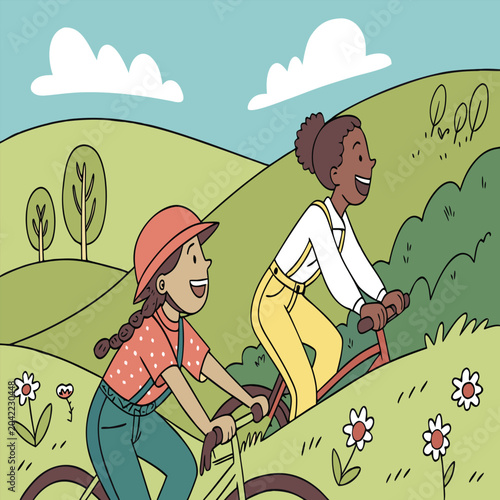Young women riding bicycles through rolling green hillside with bicycles countryside lifestyle recreation together exercise vacation