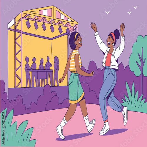 Two women friends dancing and laughing at an outdoor music concert festival with festival laughing performance lifestyle celebration
