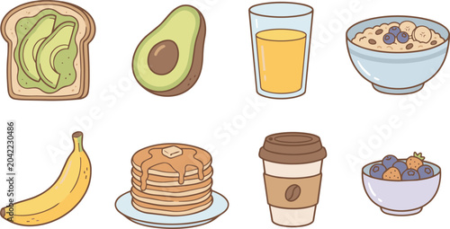 Healthy Breakfast Food Vector Icons Pack with Avocado Toast Pancakes Coffee and Fruit Clipart Set