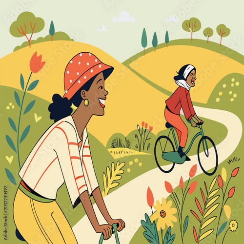 Two women cycling through sunny countryside landscape with countryside landscape lifestyle recreation wellness together exercise