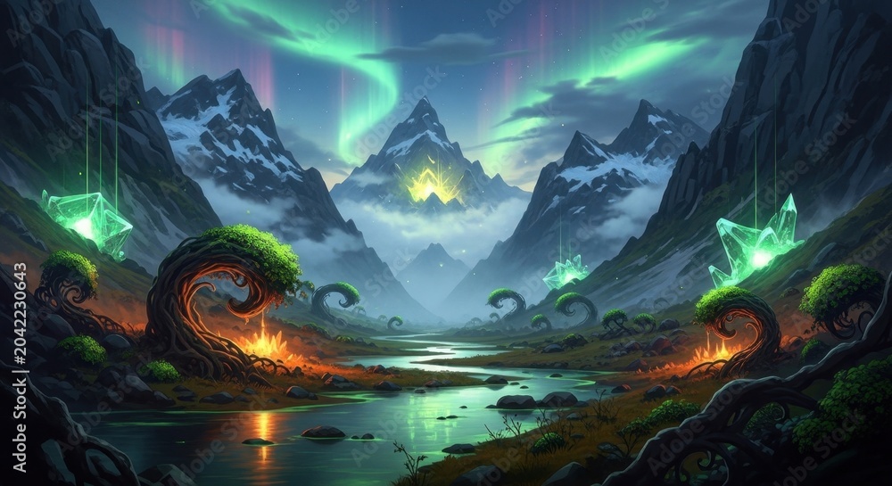 Fototapeta premium Magical Mountain Valley with Aurora Borealis