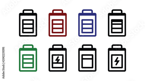 Battery icon set with different charge levels and colors illustration