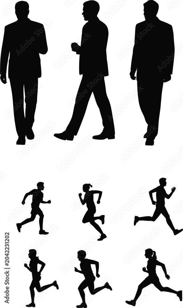 Obraz premium Black silhouette people walking and running, business attire icons, athletic movement vector design, human posture illustration art template