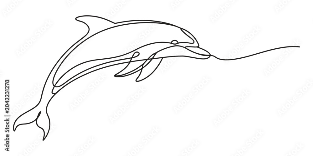 Naklejka premium Continuous single line drawing of a jumping dolphin