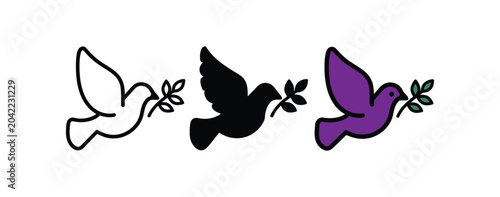 Dove icon illustration with olive branch in different colors and styles
