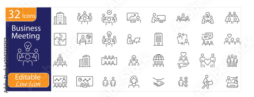 Business Meeting icons set. Includes team discussion, presentation, conference, collaboration, planning, and communication symbols. Editable  Line icons.
