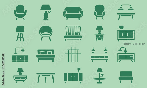 Set of modern furniture icons in flat vector style with furniture