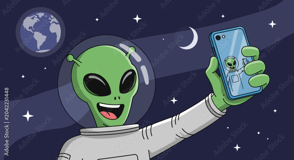 Fototapeta premium Alien Astronaut Taking Selfie in Space with Earth and Moon Background