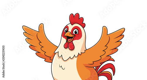 Happy cartoon rooster with bright orange and yellow feathers spreading its wings and smiling on a white background.