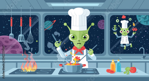 Alien Chef Cooking in Space Kitchen with Planets and Stars