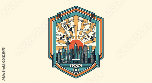Canvastavla Cityscape emblem with flying birds and sunrise imagery