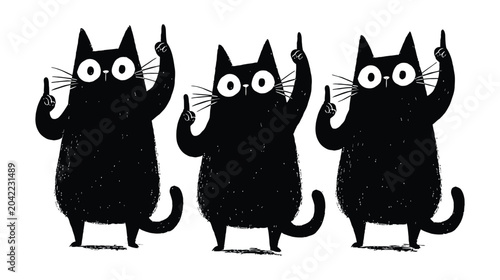 Cat cartoon illustration of three black cats pointing upwards together