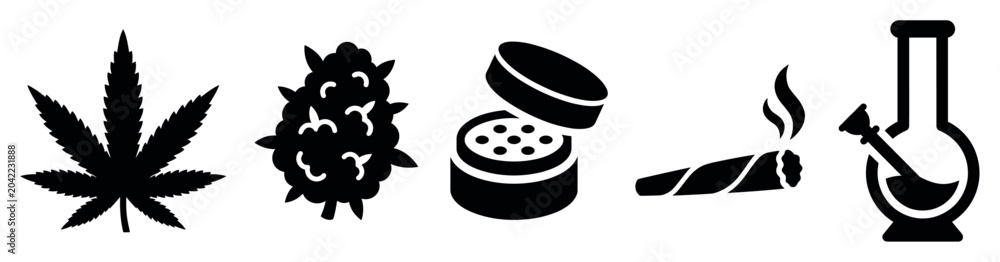 Fototapeta premium Cannabis icons set. Marijuana leaf and bud. Grinder, joint, and bong symbols. Solid black silhouette style