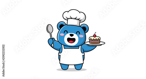 Joyful blue bear wearing a chef's hat and apron proudly holds a large spoon and a delicious cherry-topped cake.