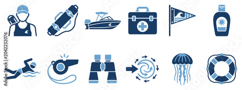 Water safety and lifeguard icons set. Lifeguard equipment and marine life symbols. First aid kit, boat, sunscreen, swimmer, whistle, binoculars, jellyfish. Solid black silhouette style