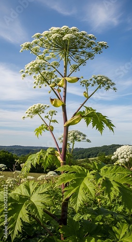 Tall plant with white flower clusters and large leaves against sky