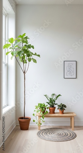 Tall potted plant beside a window on pale floor, with bench, artwork, and small plants