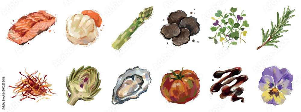 Fototapeta premium Gourmet food ingredients icons set. Collection of luxury food items. Salmon, scallops, asparagus, truffle, microgreens, rosemary, saffron, artichoke, oyster, tomato, balsamic, pansy flower