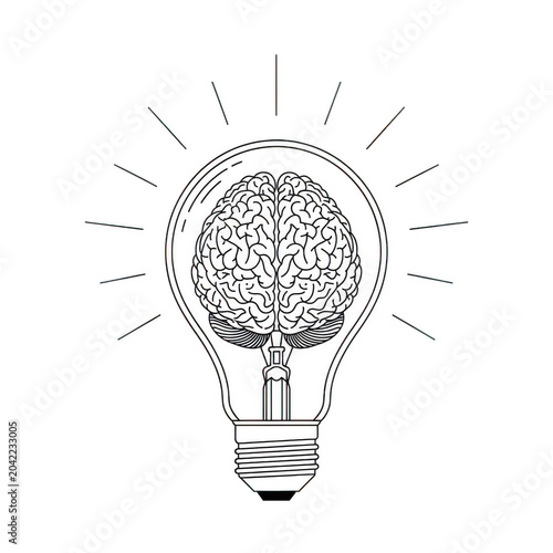 Creative idea symbol of a light bulb with a brain inside isolated on transparent background