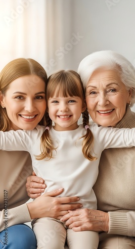 Three generations of women, a young girl between her mother and grandmother, smile