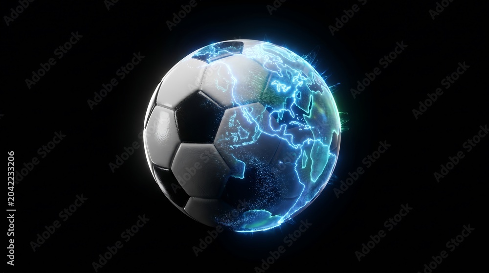 Naklejka premium Soccer Ball with Glowing World Map for Global Football Championship and World Cup