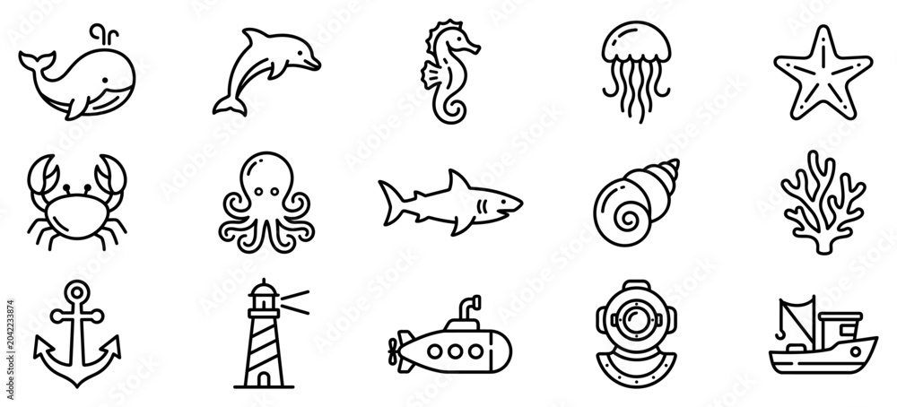 Obraz premium Marine life and nautical icons set. Ocean animals and sea objects. Whale, dolphin, seahorse, jellyfish, starfish. Crab, octopus, shark, seashell, coral. Anchor, lighthouse, submarine, diving
