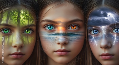 Three girls' faces overlaid with nature's elements forest, ocean sunset, and stormy sky