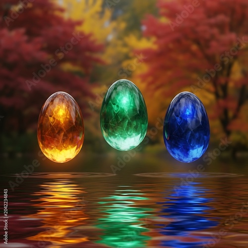 Three glowing elemental eggs float over water reflecting autumn foliage