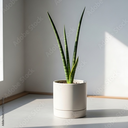Tall, slender green plant with striped leaves in a modern white pot