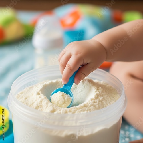 Tiny hand scoops powdered formula from large tub, with baby bottle in background