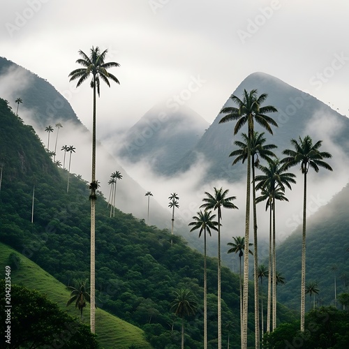 Tall, slender palm trees rise from misty, green hills under a cloudy sky