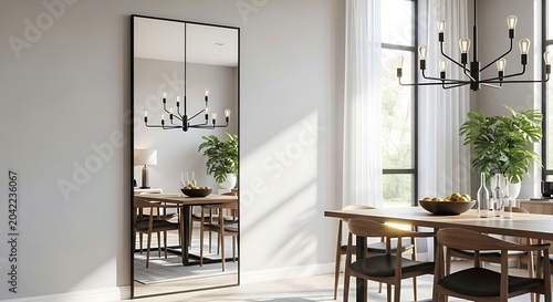 Tall, slim mirrored doors reflect a modern dining room with wooden table, chairs, and chandelier