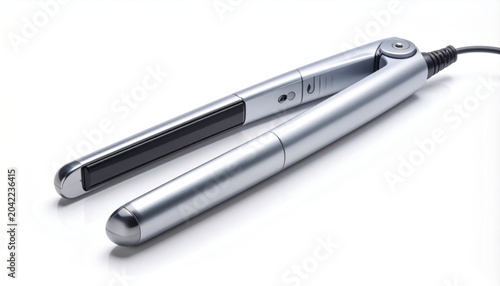 Sleek Silver Hair Straightener on White Background for Styling.