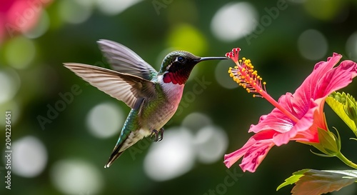 Tiny hummingbird hovers, sipping nectar from vibrant pink hibiscus flower