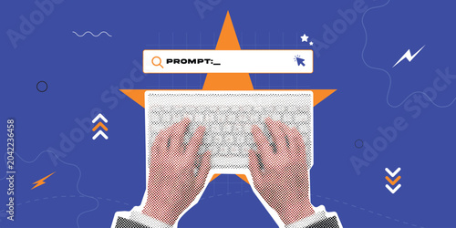 Hands typing on keyboard overlay with prompt interface concept vector illustration.